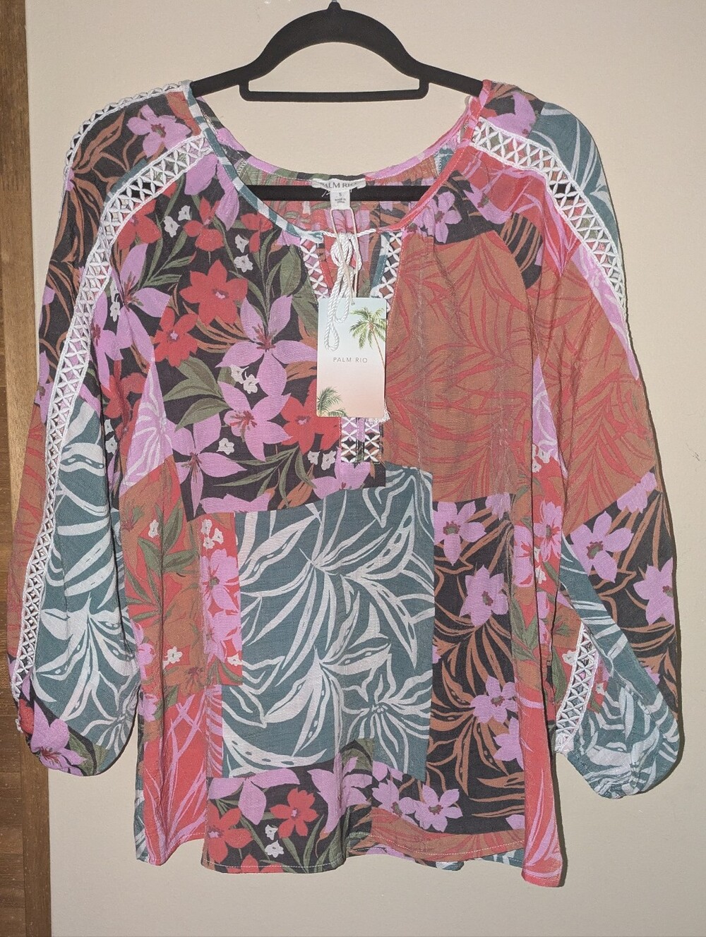 Palm Rio Patchwork Floral Peasant Blouse in Pink Multicolor